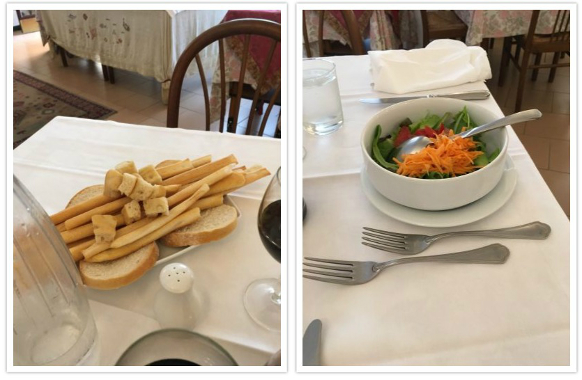 Lunch in Genoa: tasty bread, breadsticks, and a fresh, crisp salad.